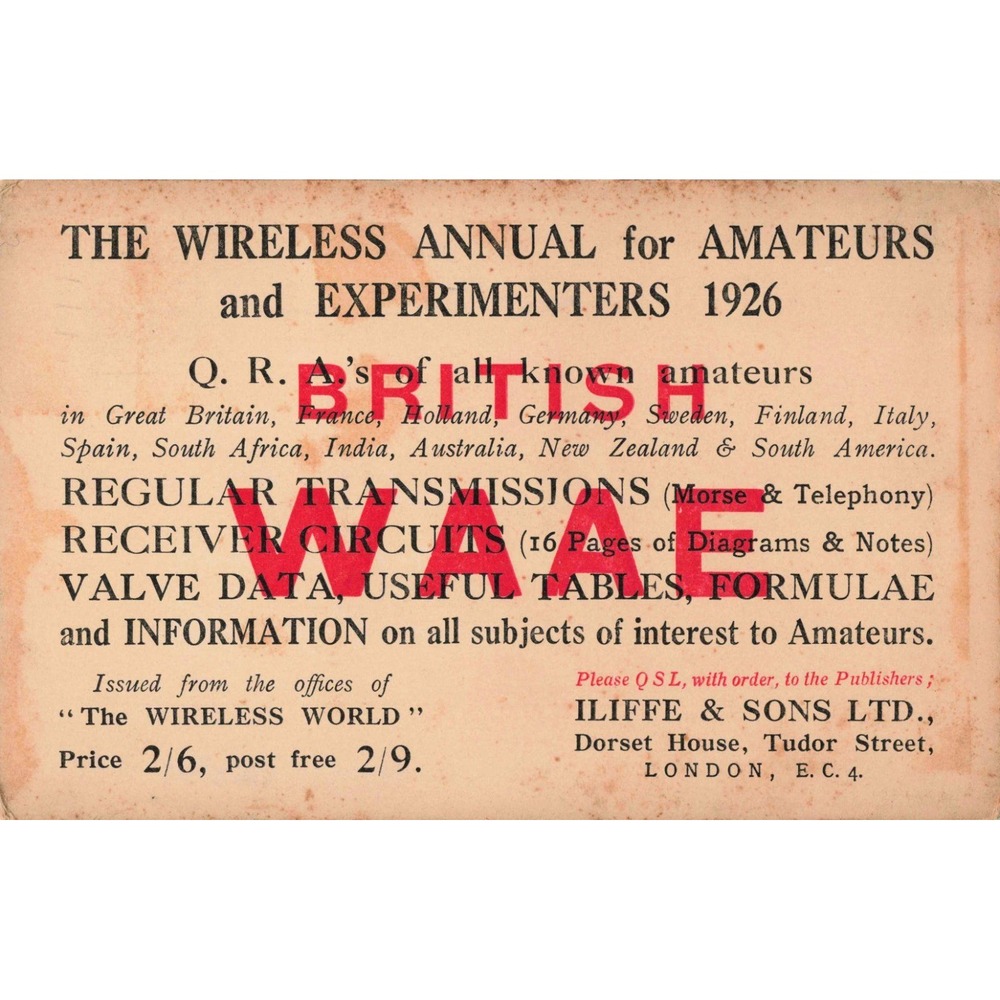 1925 Vintage Radio QSL Card Wireless Annual for Amateurs London to Canada WAAE